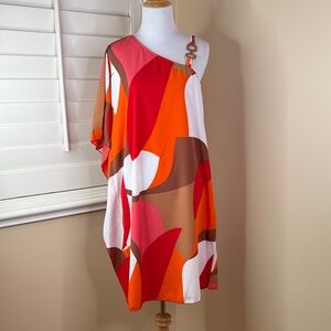 One-Shoulder Abstract Print Tunic Dress in Red, Orange & Brown
